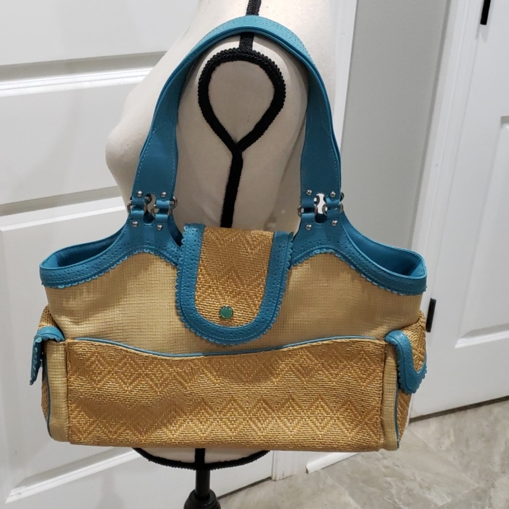 Straw rattan purse with turquoise accents